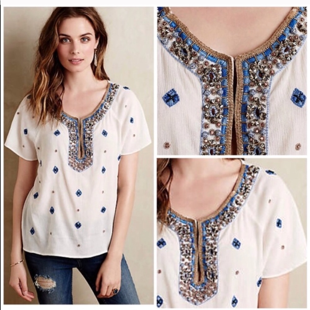 Anthropologie Maeve M embellished embroidered top